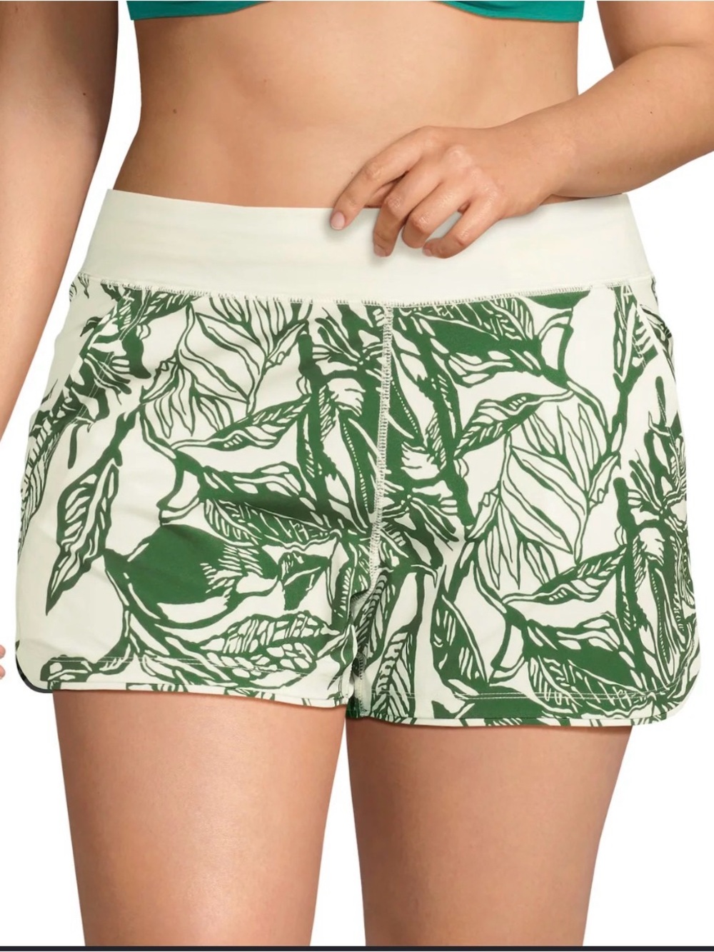 Lands’ End 16 Plus Size Quick Dry Swim Shorts Green Leaf Print 3 Inch Inseam